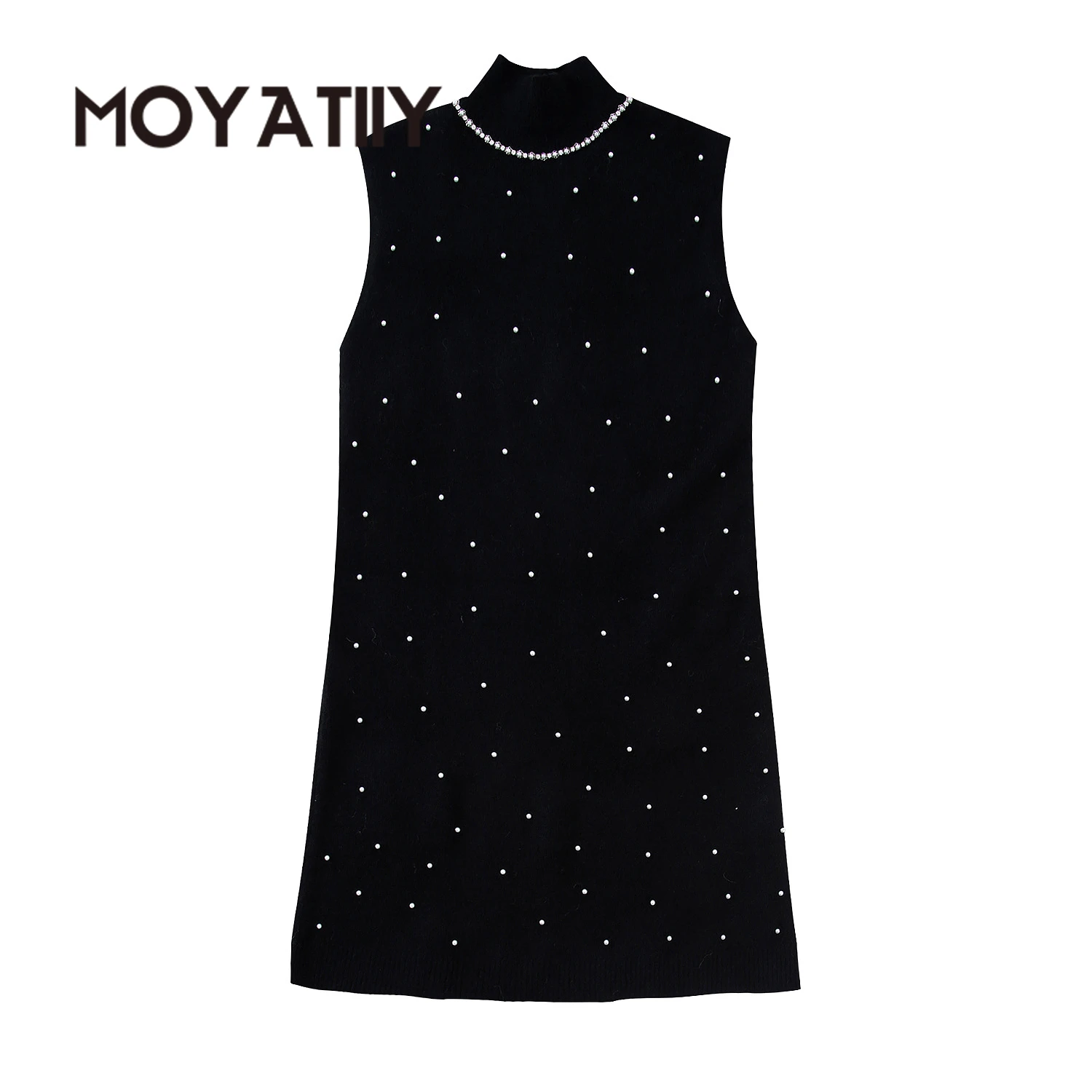 

Женское трикотажное мини-платье MOYATIIY, модель 2022 года, модные черные платья с высоким воротником и блестящими бусинами, вечерние женские пла...