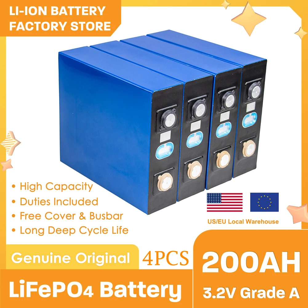 

3.2V LiFePO4 Battery 200AH 4/8/16/32PCS High Capacity Lithium Iron Phosphate Cell 12V 24V 36V 48V For RV Golf Cart Yacht Battery