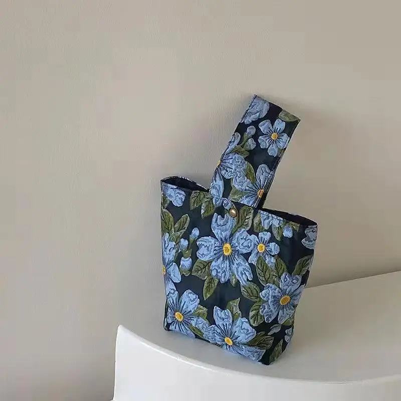 

Artistic Bucket Handbags For Women Blue Flowers Beautiful Design 2022 Spring Summer Casual Cotton All-Match Shoulder Bags