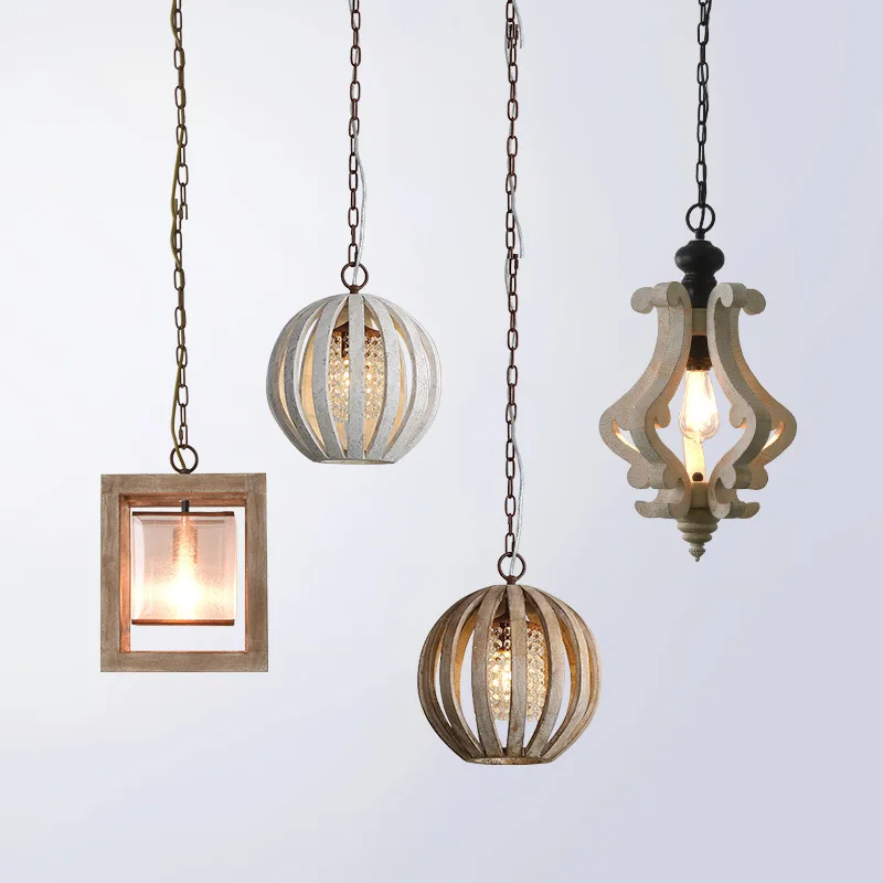 

American Country Wood Chandelier Modern Living Room Coffee Shop Bar Corridor Decorative Lamps Kitchen Island Pendant Lights E27