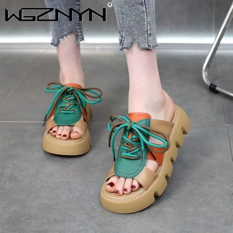 

2023 New Lace-up Summer Fish Mouth Slippers Premium PU Spell Color Roman Shoes Woman Sandals Platform Wedges Increase Slippers