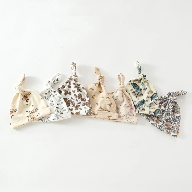 

Baby Soft Cotton Hat Newborn Cute Tail Knotted Beanie Flower Printed Bonnet