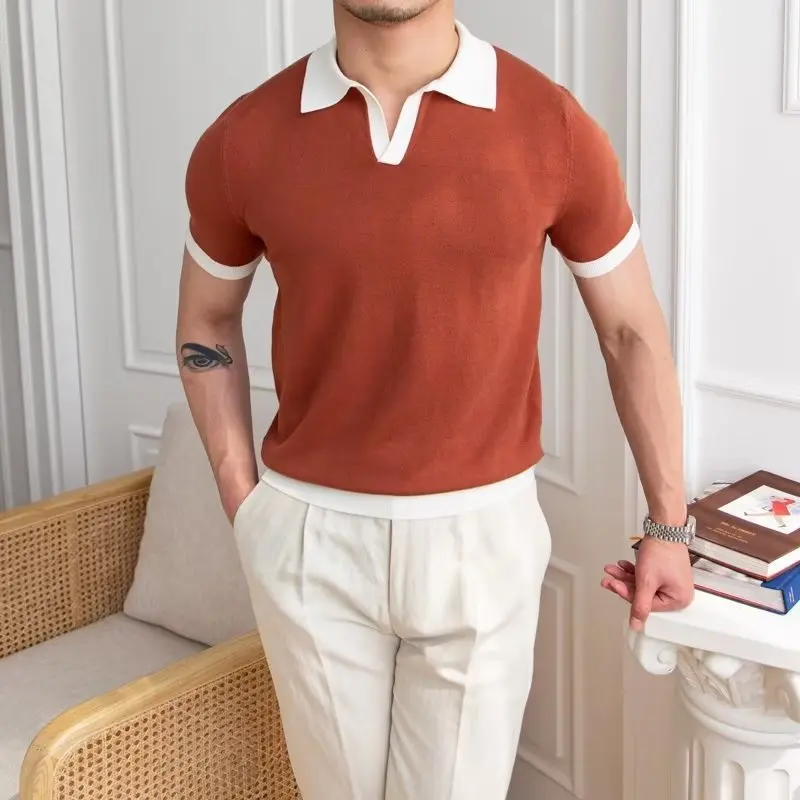 

2023 Summer Lapel Breathable Short Sleeve Temperament Men's Clothing Slim Korean Version Solid Color Trend Knitted POLO Shirt