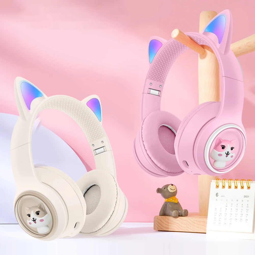 

Wireless Cute Cat Ears Over-ear Headsets 40mm Driver RGB Light Gaming Earphones Adjustable Bluetooth-Compatible 5.3 for Girls