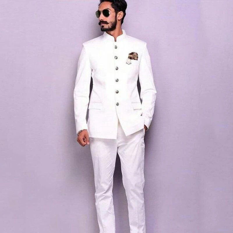2022 Latest Design Stand Collor Design White Men Suits For Wedding Suits For Man Blazer Groom Tuxedos Two Piece  Costume Homme