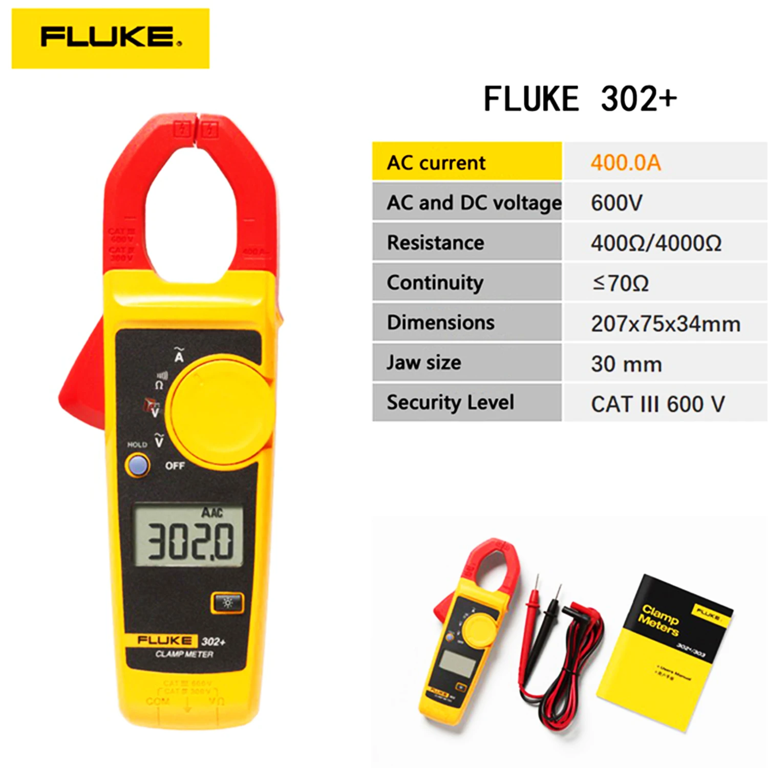 

FLUKE F302+ Handheld Clamp Meter LCD Display Digital Clamp Multimeter Clamp Meter Type Current Clamp Universal Meter Clamp Meter