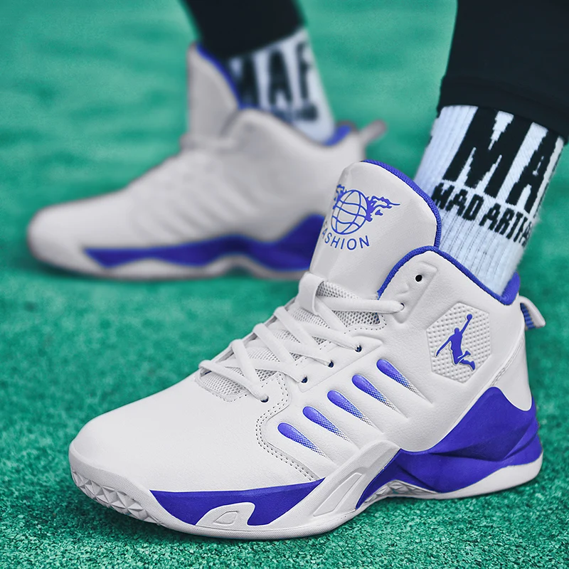 New Men Basketball Sneakers Higher Bottom Medium Cut Leather Waterproof Teenagers Shoes Men's Wear Resistant Training Footwear