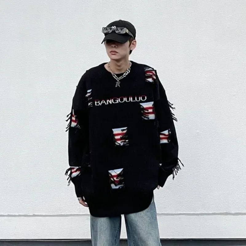 Мужская одежда пальто пуловеры вязаный свитер мужская куртка с дырками рваная