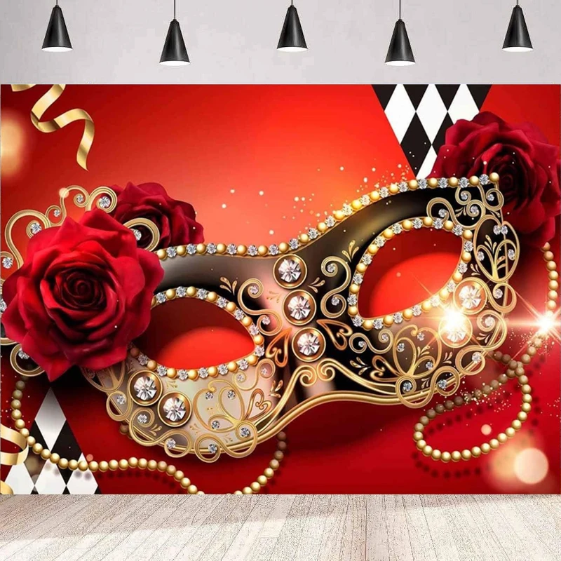 Фон для фотосъемки Маскарад Марди Гра День рождения Золотая маска Красная роза