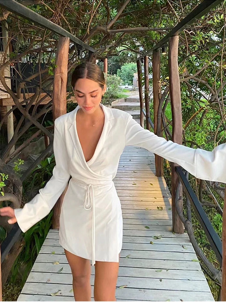 

Women V-Neck Long Sleeved Suit Fashion Lace-Up Mini Dress Autumn Turn-Down Collar Blazer Elegant Office Ladies Shirt Vestidos