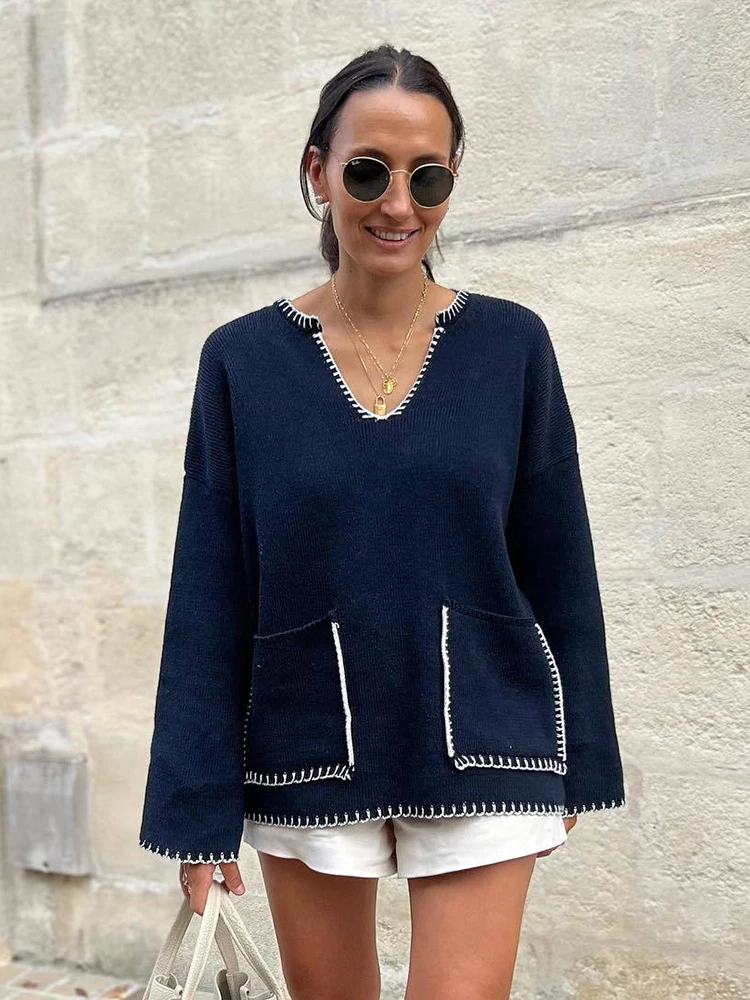 

TRAF GJXSDNX Spring Autumn Woman Knitted Quilted Pocket Loose Patchwork V-neck Long Sleeve Pullover Sweaters Elegant Girl Jumper