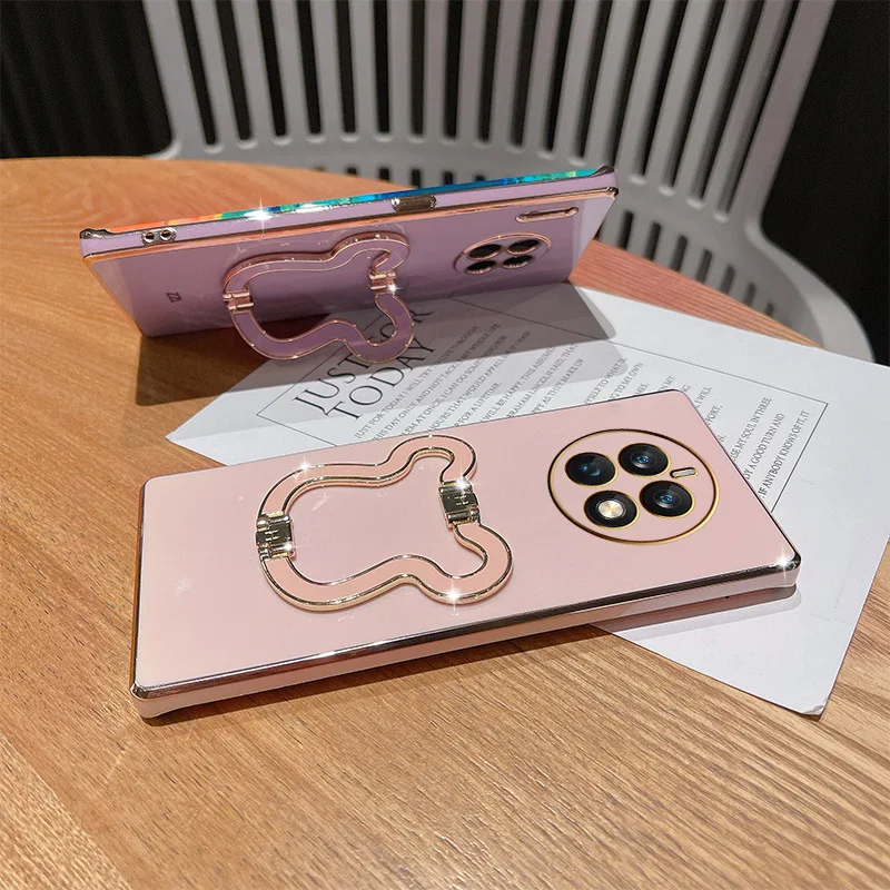 

Electroplated Soft Straight Edge Mobile Phone Case with Bear Metal Bracket for Huawei Mate50Pro Mate20X Mate10 30 40 With Ring