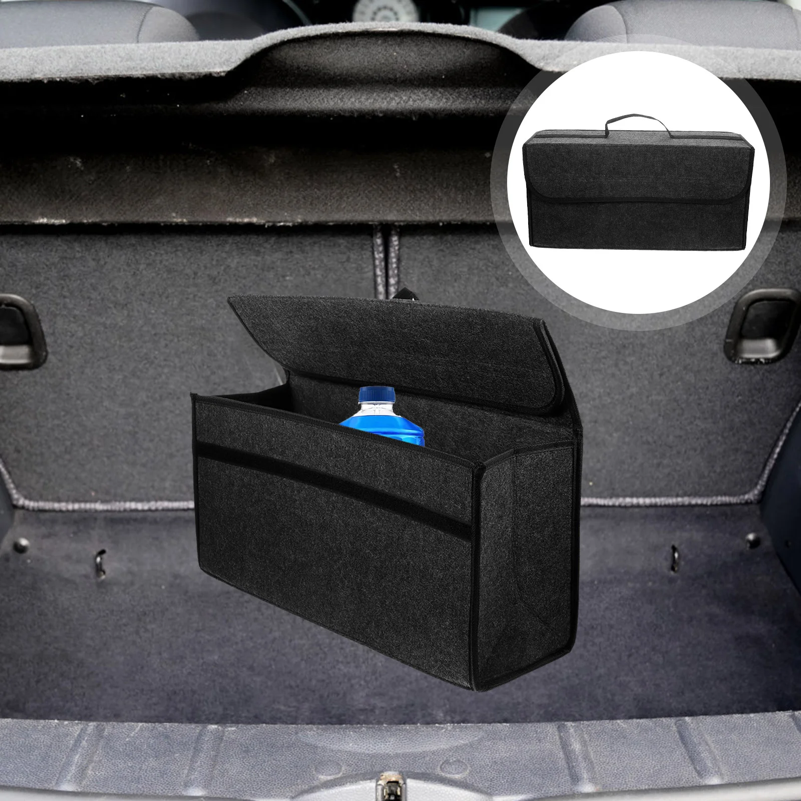 

Felt Car Trunk Organizer Auto Cargo Storage Container Collapsible Storage Box with Lid Large Capacity for Car Trunk Grey