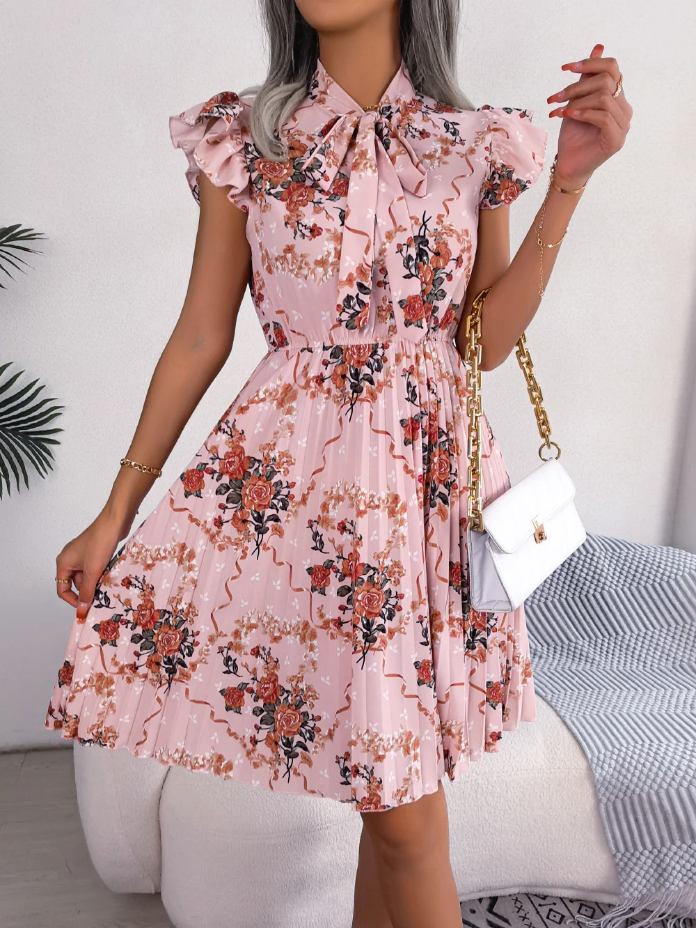 

2023 Summer new elegant casual dress,Flower Lace up Waist Large Fold Dress for Women