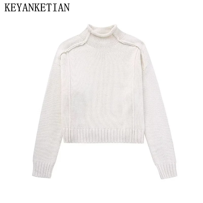 

Осенне-зимний новый пуловер KEYANKETIAN с ложным воротником, свитер с прострочкой, в стиле пэчворк, свободный короткий вязаный Топ, повседневный женский свитер