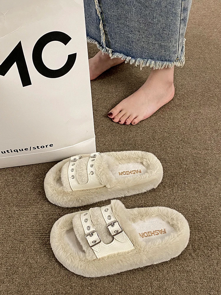 

Shoes Women Slippers Flat Slides Flock Fur Flip Flops Med Pantofle Fashion Soft Plush 2023 Luxury Rubber Casual with fur Leisu