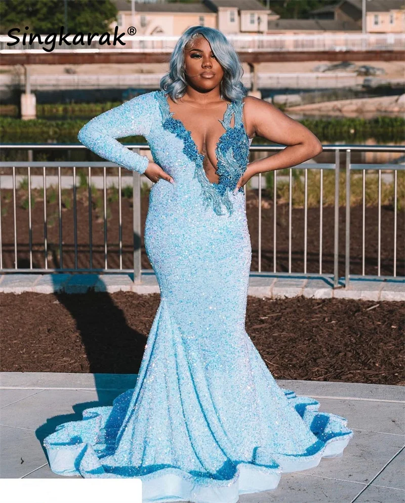 

Sexy Blue Mermaid Prom Dress 2023 Sheer Mesh Crystal Sparkly Sequins Birthday Party Dress Formal Gowns Robe De Bal