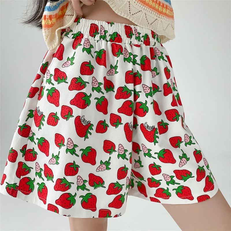 Summer New Fashion Strawberry Printed Denim Short Pants Women Harajuku Loose High Waist Jean Shorts Female