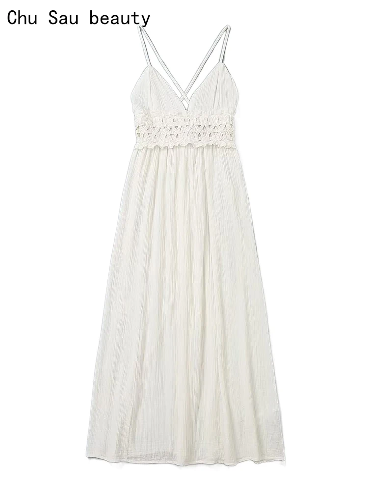 

Chu Sau beauty 2023 Women Autumn Fashion Sweet Hollow Hook Flower Beach Style Midi Dress Sexy Slim Backless Chic Straped Dresses