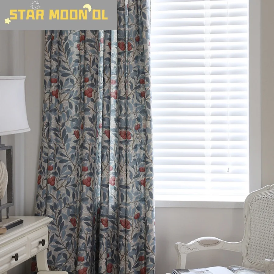 

American rural curtain retro French window blue printed curtain cotton linen living room study bedroom