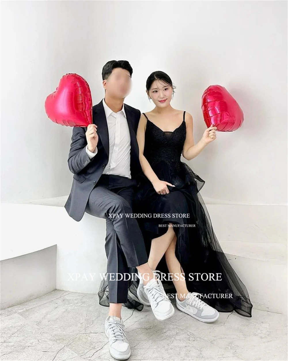 Черные корейские вечерние платья XPAY на бретелях-спагетти платье с V-образным