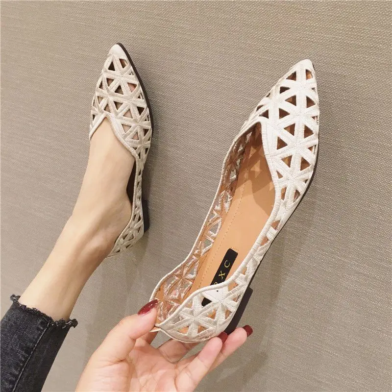 Flat Shoes Women 2023 Summer Pointy Joker Hollow Leisure Commuter Flat Spring Shoes Elegant Women's Shoes Breathable Hole Shoes