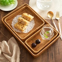 handwoven rattan storage tray square wicker basket bread food plate fruit cake platter dinner serving tray kitchen decoration