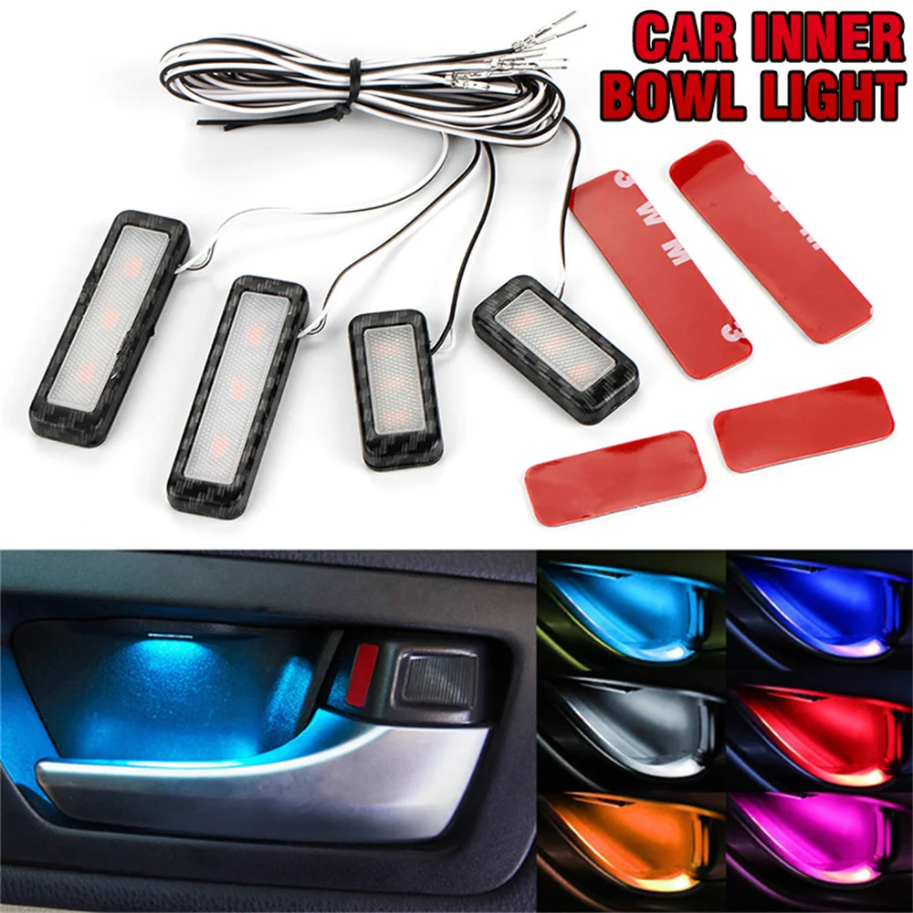 

4pcs Car Ambient LED Light Auto Inner Door Bowl handle Armrest Light Car Door Interior Decorative Atmosphere Lamp Universal