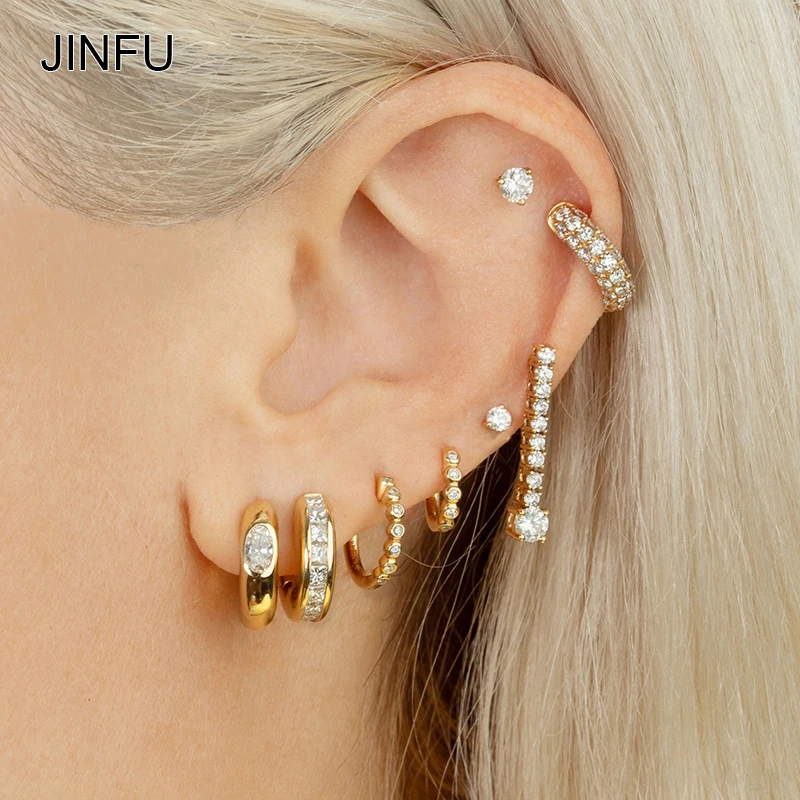 

JINFU Fashion Hoop Earrings for Women Copper Gold Plated CZ Zircon Women's Piercing Big Circle Earrings 2023 Jewelry Wholesale