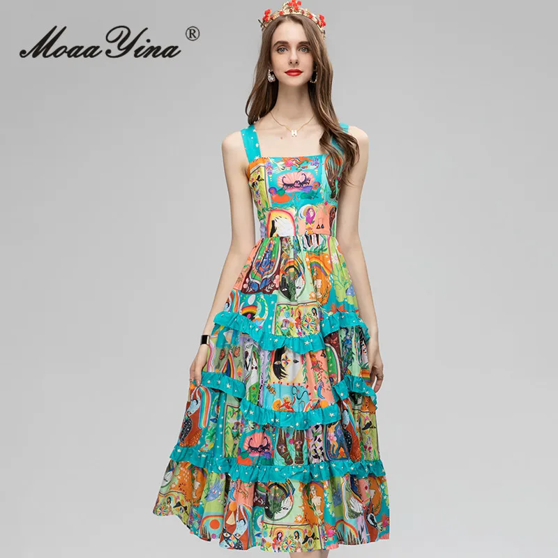 

MoaaYina Summer Fashion Runway Elegant Print Sling Dress Women Square Collar Backless High Waist Ruffles Spliced Slim Long Dress