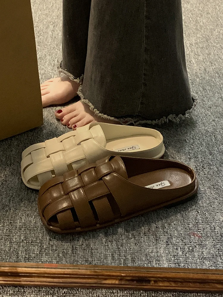 

Женские тапочки с квадратным носком, Новинка лета 2023, модная плетеная обувь на низком каблуке, Нескользящие и удобные туфли Muller