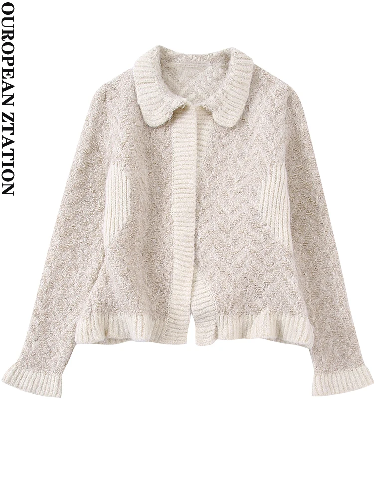 

PAILETE Women 2022 fashion oversized ribbed open knit cardigan sweater vintage lapel long sleeve female outerwear chic tops
