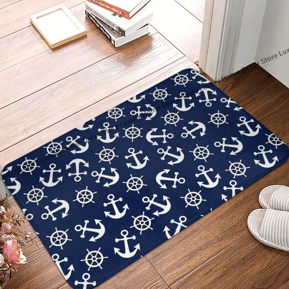 

Non-slip Doormat Bath Mat Nautical White And Navy Blue Anchors And Wheels Hallway Carpet Entrance Door Rug Bedroom Decor