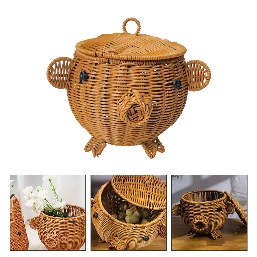 

Плетеная корзина с крышкой, бытовая имитация, плетеная корзина из ротанга для фруктов, Настольная плетеная корзина