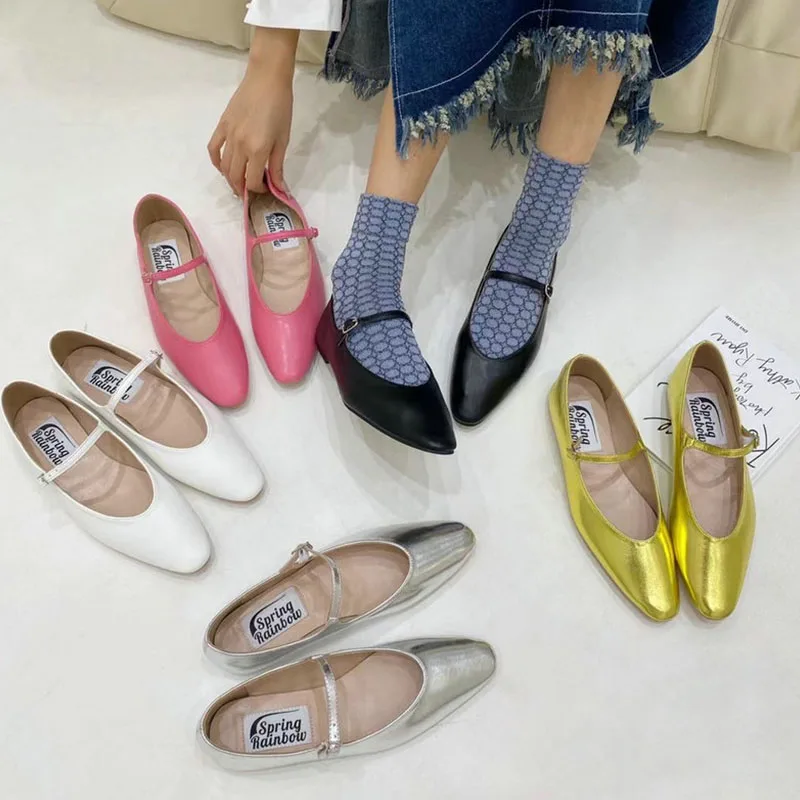 

Women Causal Flats Shoes Spring Rainbow Color Ballet Pointed Toe Mary Jane Shoes 2022 Fashion French Retro Loafer Soft Ballerina