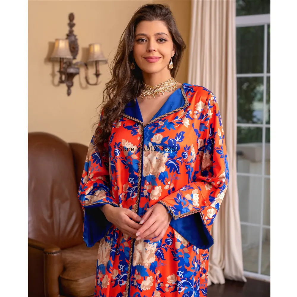 Eid Muslim Fashion Women Abaya Floral Print Bohemian Long Sleeve Dress Islamic Clothing Dubai Turkey Kaftan Robe Party Gown