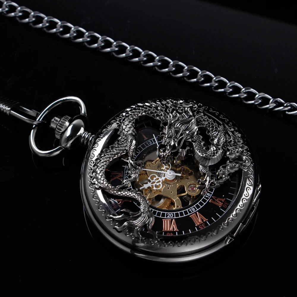 New Black Flying Dragon Sculpture Mechanical Pocket Watch Retro Hollow Case Simulated Skeleton Men's Mechanical Pocket Watch