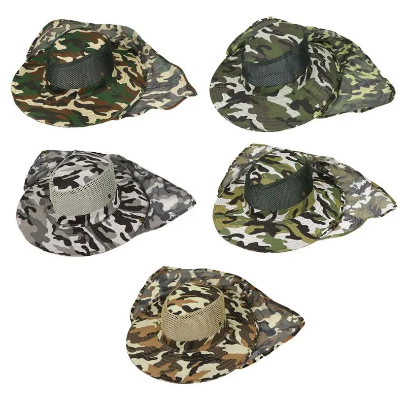 

Men Women Summer Camouflage Floppy Bucket Hat with Mesh Neck Flap Protector Outdoor Hiking Fishing Wide Brim Boonie Cap