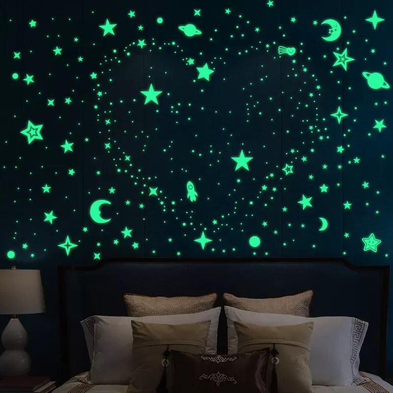 

3D Stars Dots Moon Wall Sticker Glow In The Dark Decal for Kids Baby Room Bedroom Home Decoration Planet Rocket Sticker