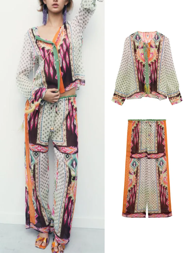 

Женский комплект из блузки и брюк, с длинным рукавом и V-образным вырезом