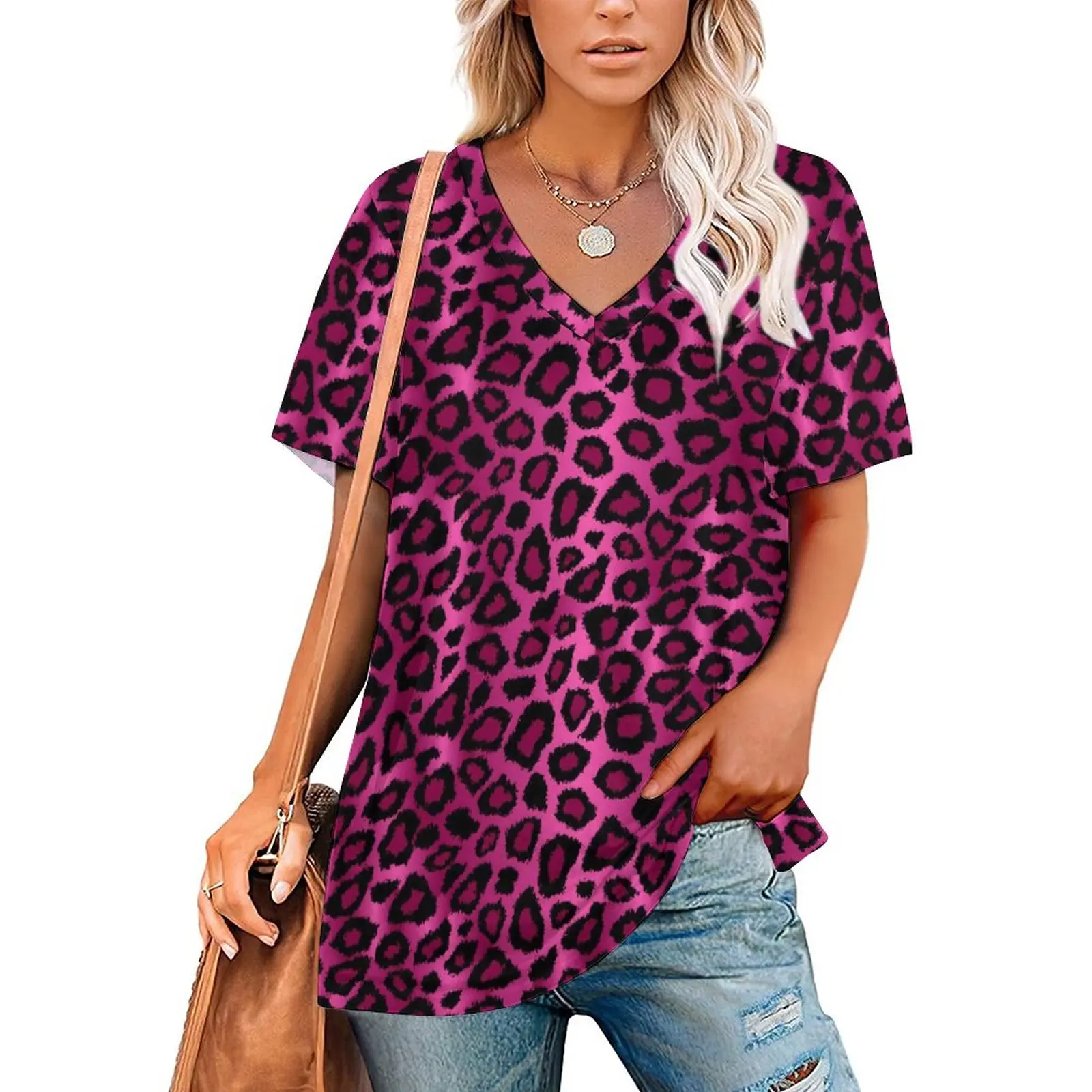 

Pink Leopard T-Shirts Animal Print Simple V Neck T Shirt Short Sleeve Elegant Oversized Tees Sexy Design Tops Gift Idea