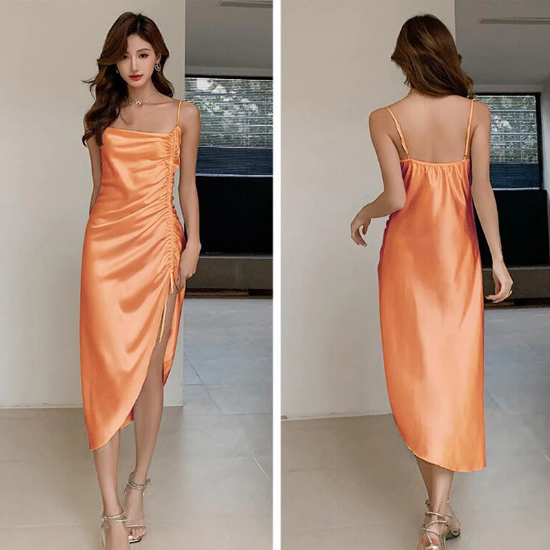 Women Sexy Suspender Dress Satin Summer Nightgown Silk Split Drawstring V Neck Medium-long Nightdress Print/Soild Home Clothes