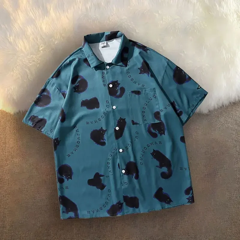 Мужская повседневная гавайская рубашка белая или черная с японским забавным