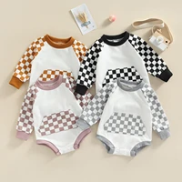 autumn baby boys girls jumpsuits newborn cotton clothes plaid print long sleeve pocket patchwork hooded sweatshirts rompers tops