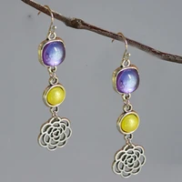 exquisite purple resin square stone earrings inlay yellow beads handmade hollow flower metal dangle earrings as gift