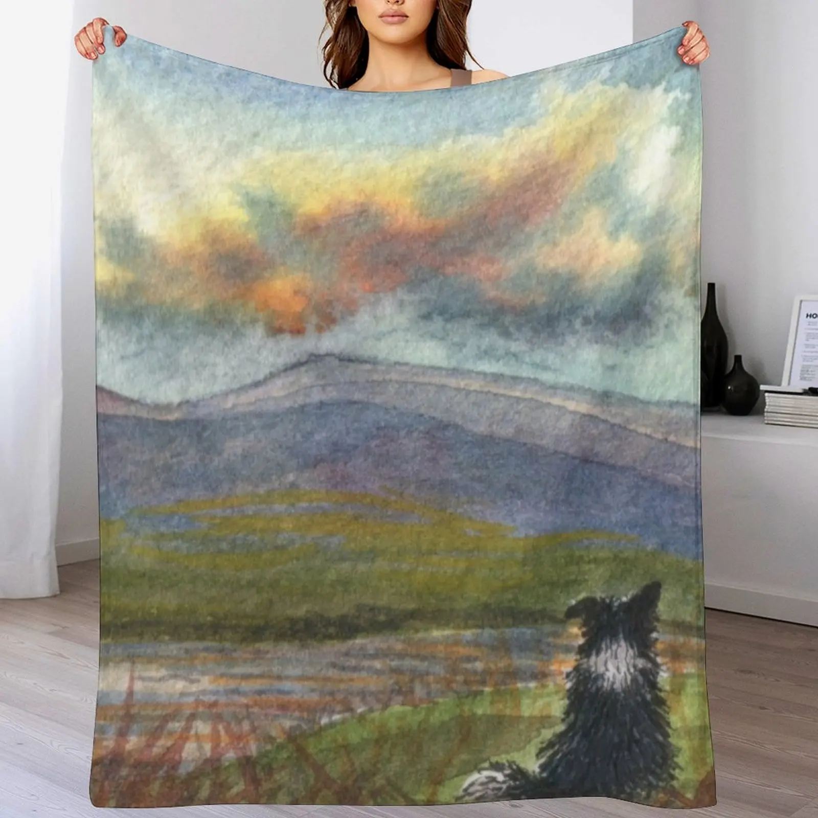 Бордер колли собака медитирует на горы и перед тем как он бросит одеяло Furrys для