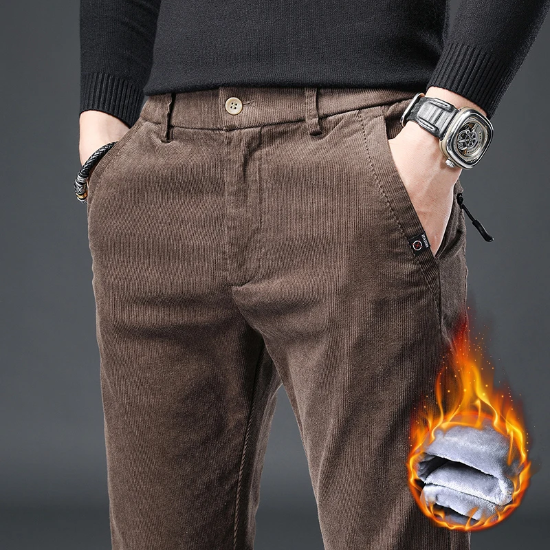 

Осенне-зимние мужские прямые вельветовые флисовые брюки приталенного силуэта, высококачественные хлопковые Стрейчевые простые брюки, чистая повседневная одежда