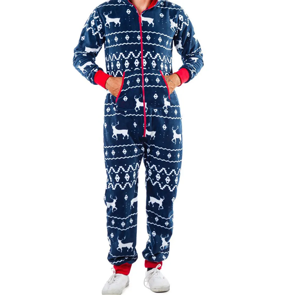 Christmas Sleepwear Men Autumn Winter Warm Elk Snowman Print Long Sleeve Pajamas Jumpsuit Leisure Soft Home Clothes