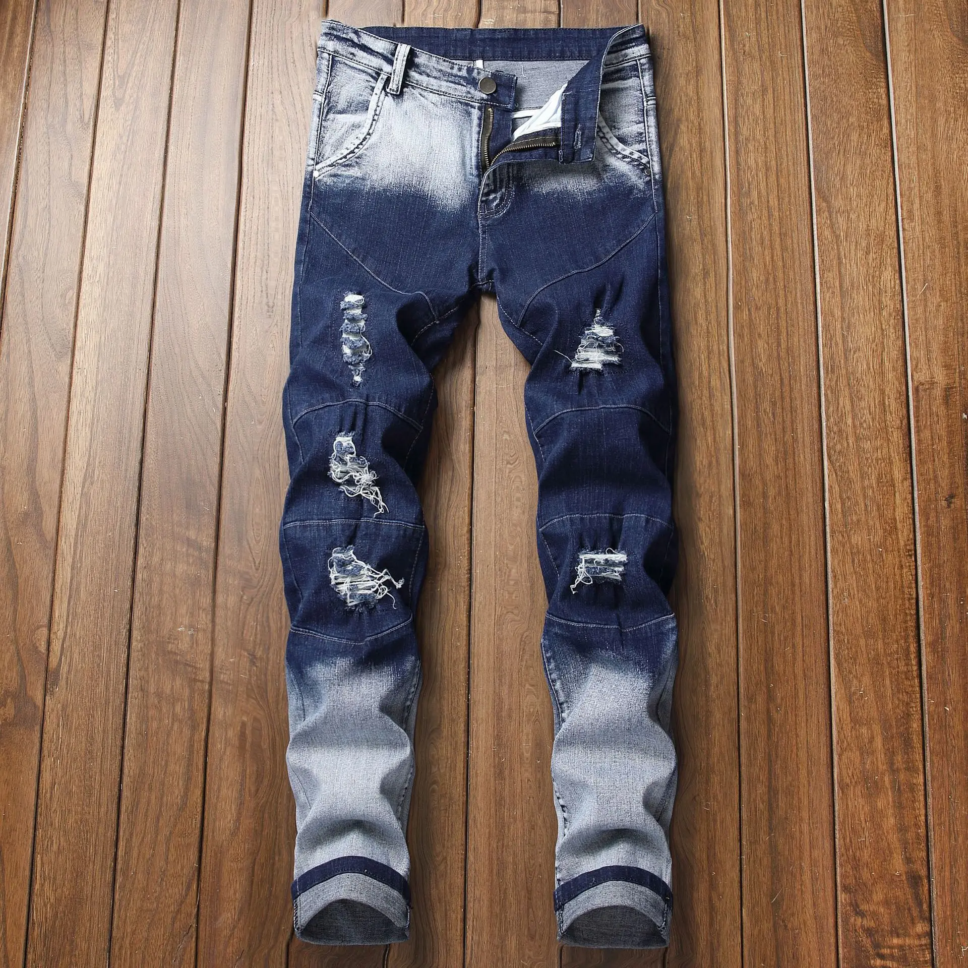 

2023 Men spring Blue Skinny Denim Jeans Holes Jeans Italian Style Stretch Denim Pants High Quality Male Slim Fit Denim Trousers