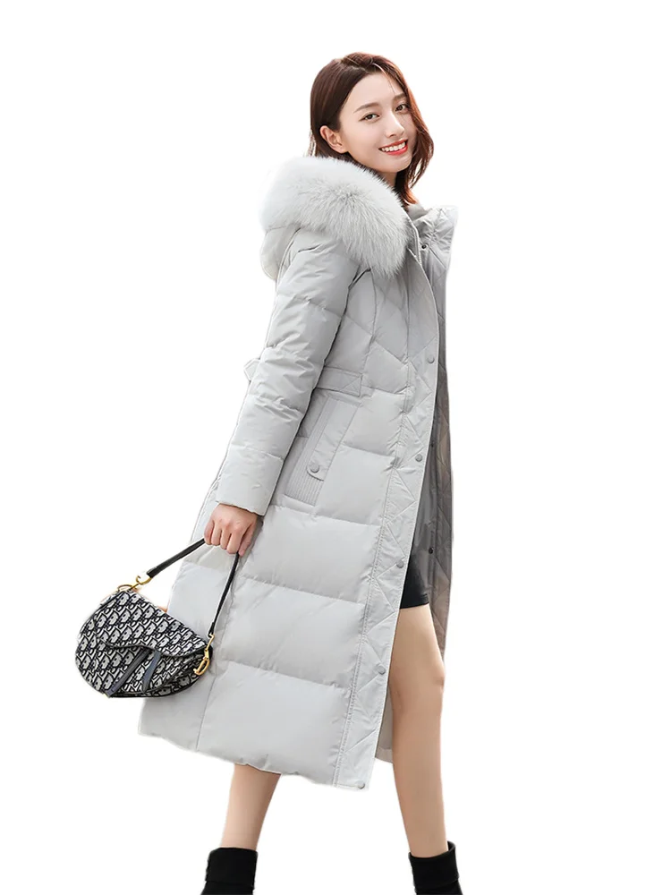 

Женская парка с капюшоном, бежевая или серая Длинная зимняя куртка на белом утином пуху с меховым воротником, 2022